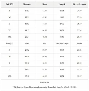 Men suit size chart guide details measuring shoulder bust length sleeve waist hip pants size.