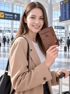 Multifunctional brown leather passport holder and travel wallet organizer for cards and tickets.