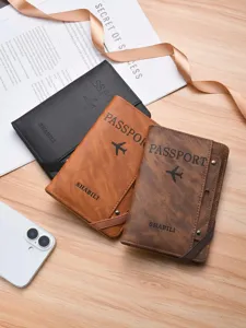 Multifunctional PU leather passport holder with strap vintage travel wallet document organizer