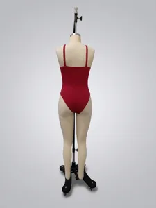 Red halterneck bodysuit detail view showing slim fit and stylish cross strap design.