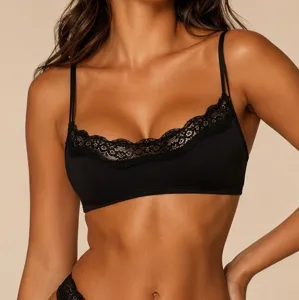 Black lace bralette closeup showing delicate floral trim and double straps for women.