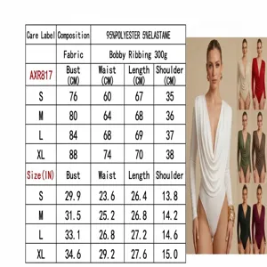 Body aderente da donna con scollo a V profondo maniche lunghe e design plissettato.