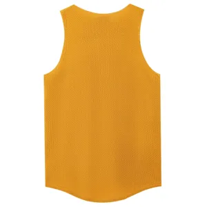 Detailaufnahme des gelben Strick-Aermellosen, leichtes Sommer Casual Top Gewebe Textur.