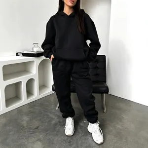 Women solid black tracksuit 2 piece set casual hoodie and sweatpants Y2K autumn outfit