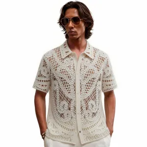 Men's summer crochet knit short sleeve polo shirt, hollow out vintage casual button top.