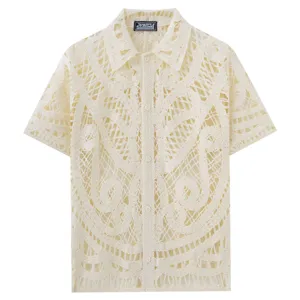 Detailed close-up of mens beige crochet knit short sleeve polo shirt hollow design.