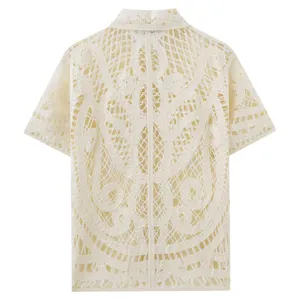 Men crochet knit polo shirt short sleeve hollow out detail back view beige summer top