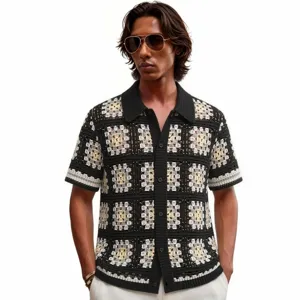 Men's black and white crochet knit short sleeve polo shirt casual open front summer top