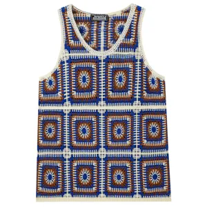 Men Vintage Granny Square Jacquard Knitted Vest Sleeveless Casual Crochet Tank Top Royal Blue Geometric Summer Top