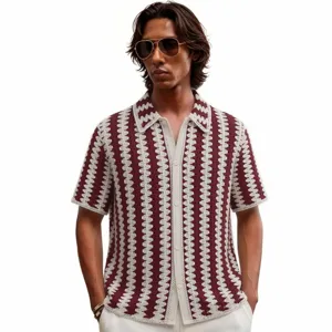 Camisa polo de punto de ganchillo a rayas rojas y blancas para hombre, cárdigan casual.