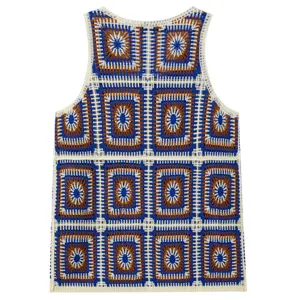 Vintage crochet knit vest detail, retro square pattern sleeveless top, casual summer knitwear closeup.