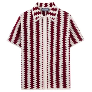 Polo De Punto Ganchillo Rayas Rojo Blanco Hombre Top Verano Manga Corta Casual