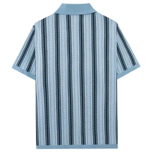 Detailed view of the men's vertical striped knit polo shirt with fine texture and short sleeves.