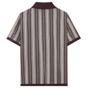 Detail view showing the back side and fine vertical striped knit pattern of the men's polo shirt.