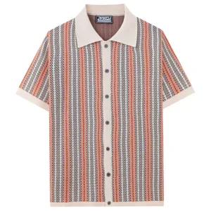 Detailed view of men's knitted short sleeve polo shirt with vertical stripe jacquard.