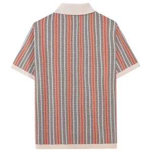 Detailed view of mens knit polo shirt with vertical stripe pattern and classic collar.