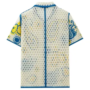 Men's summer hollow knit short sleeve polo cardigan featuring blue trim and embroidery patterns.