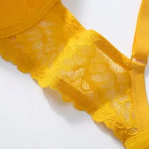 European style yellow lace push-up bra, breathable and soft material for comfort.