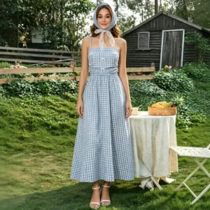 Robe longue nuisette à carreaux bleus pour femmes été plage vacances tenue chic