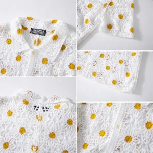 Men's summer white floral crochet knit cardigan polo shirt with yellow daisy details.