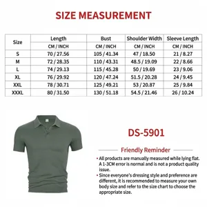 Detailed size chart and product view for men's solid polo shirt, showing precise measurements.
