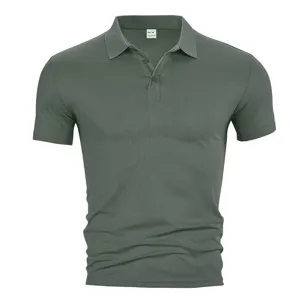 Dark green short sleeve polo shirt detail, classic lapel collar, breathable casual fabric.