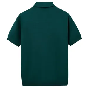 Dark green knit polo shirt detail showing short sleeves and back view design clearly.