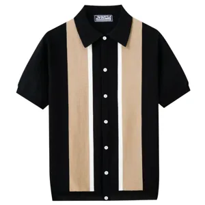 Men's short sleeve knit polo shirt with color block vertical stripes, casual business top.