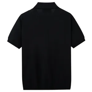 Detail view of the back of a men's short-sleeve knit polo shirt with ribbed cuffs and hem.