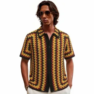 Camisa retro de ganchillo manga corta punto calado hombre verano casual polo detalles