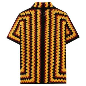 Polo de punto de ganchillo a rayas vintage para hombre verano manga corta transpirable top