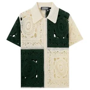 Detailed view of the hollow crochet knit short sleeve polo shirt texture and collar.