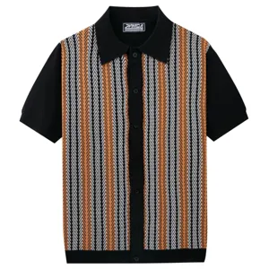 Polo de punto de manga corta para hombre rayas verticales retro cárdigan cuello verano
