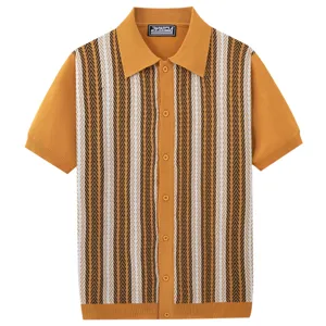 Polo de punto a rayas retro para hombre manga corta solapa botones top de verano casual wear