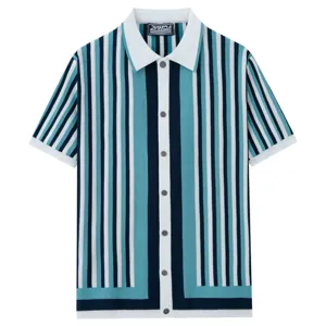 Men's vintage contrast vertical stripe short-sleeve knitted polo shirt lapel cardigan