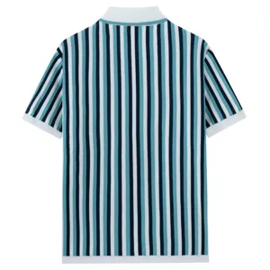 Men's short sleeve knit polo shirt with retro contrast vertical stripes and white lapel detail.