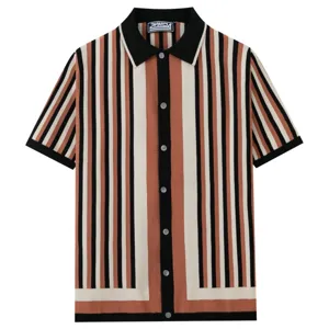 Men's retro contrast stripe knit polo shirt detail, short sleeve with classic collar design.