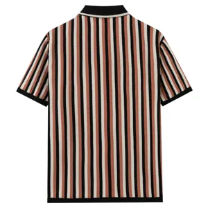 Men's retro colorblock vertical striped knit short sleeve polo shirt casual top.