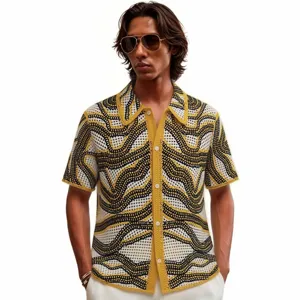 Close up view of the retro wave pattern short sleeve crochet polo shirt for men detail.