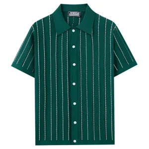Men's dark green vertical striped knit polo shirt, short sleeve lapel button-up casual top.