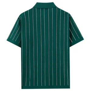 Detailed view of men's summer short sleeve green knit polo shirt with vertical stripes.