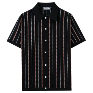 Close-up detail of mens black knit polo shirt featuring vertical orange and white stripes.