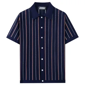 Men summer short sleeve knit polo shirt detail, vertical stripe pattern, lapel button closure.