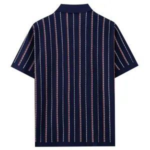 Men contrast vertical stripe knit polo shirt short sleeve lapel casual business top detail