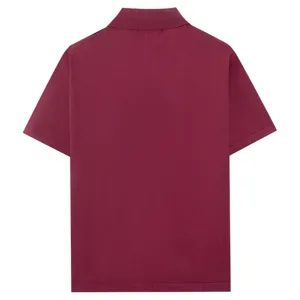Burgunderrotes Kurzarm-Knitting-Polohemd, Rückendetail, hochwertige Stofftextur und Kragendesign.