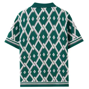 Detailed close-up view of the green knit polo shirt with stylish white geometric diamond pattern.