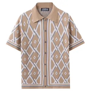 Detailed view of the knit polo shirt featuring unique geometric diamond jacquard pattern.