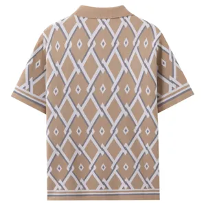 Detail view of men's geometric jacquard knit polo shirt back showing the intricate pattern.