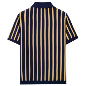 Men's summer knit striped polo shirt, short sleeve lapel casual pullover top detail view.