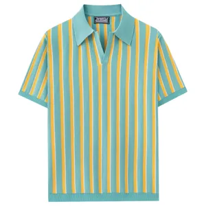 Men's short sleeve striped knit polo shirt summer casual lapel pullover top apparel.